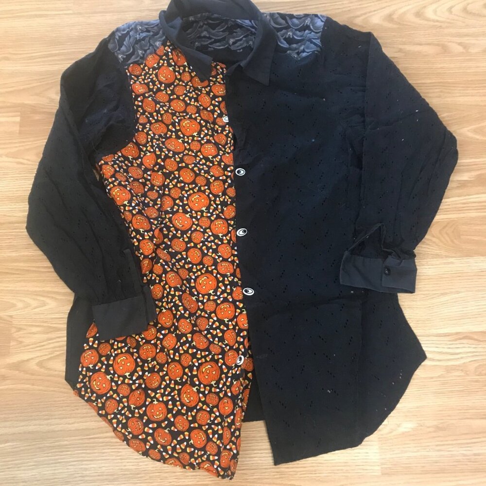 Halloween Pumpkin, Candy Corn, Bats Button-Up Shirt Handmade Size L